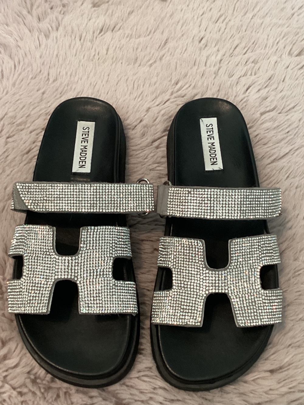 Steve Madden Black Slide Sandals with Silver Crystal Straps